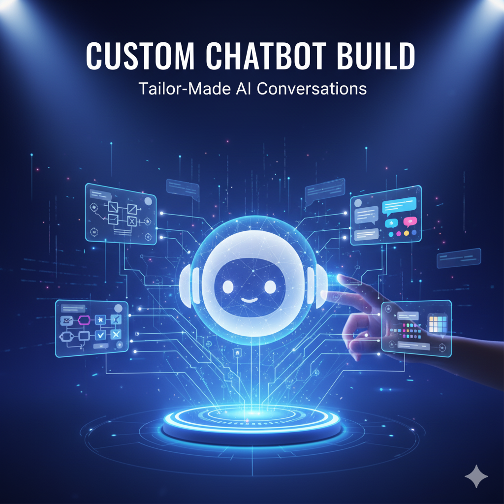 Digital graphic of a chatbot with a smiling face and headphones, surrounded by floating interface icons and speech bubbles, with a headline 'Custom Chatbot Build' and subtitle 'Tailor-Made AI Conversations'.