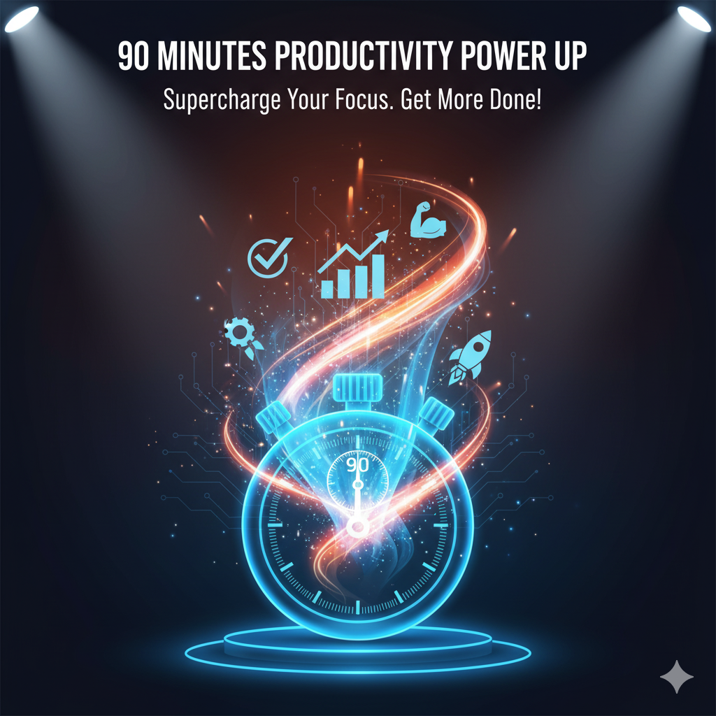 A digital image of a stopwatch with glowing light trails and icons representing productivity, growth, focus, and innovation, with text promoting 90 minutes of increased productivity and focus.