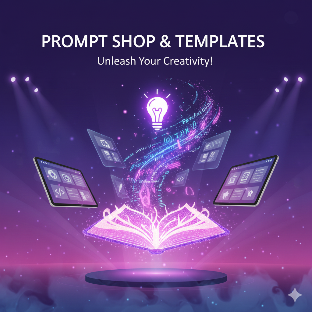 Digital illustration of an open book with floating glowing screens, a light bulb above, and a swirling trail of data and code, representing creativity and digital content creation, with the text 'Prompt Shop & Templates' and 'Unleash Your Creativity!'