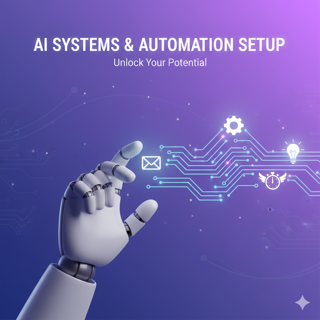 Digital illustration of a robotic hand interacting with icons representing email, gears, light bulb, and stopwatch against a purple gradient background with circuit lines, promoting AI systems and automation setup.