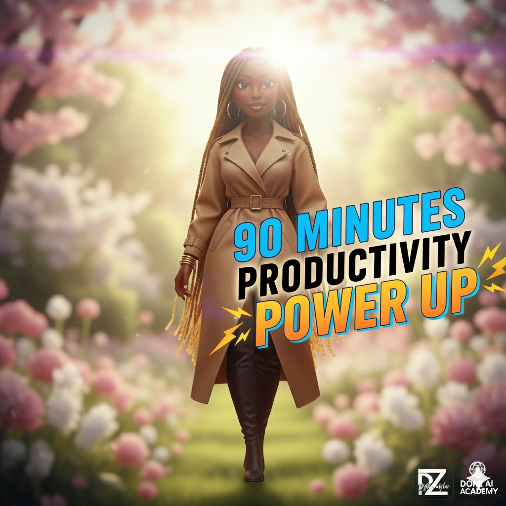 A woman in a tan trench coat walking through a garden with pink and white flowers, with sunlight shining behind her and a motivational text overlay reading '90 MINUTES PRODUCTIVITY POWER UP'.