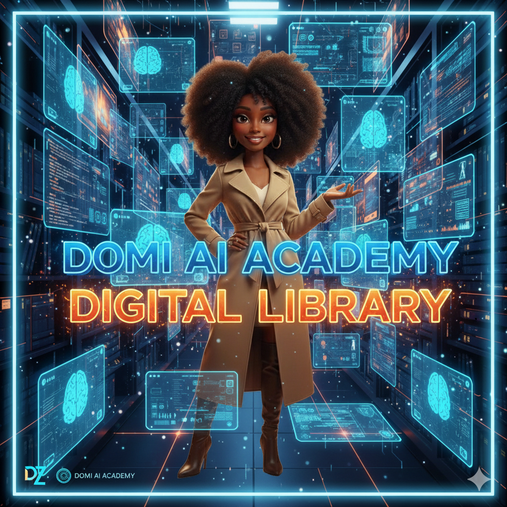 A woman standing in a futuristic digital library with holographic screens displaying brain graphics and data, with the text "DOMI AI ACADEMY DIGITAL LIBRARY" in glowing blue and orange letters.