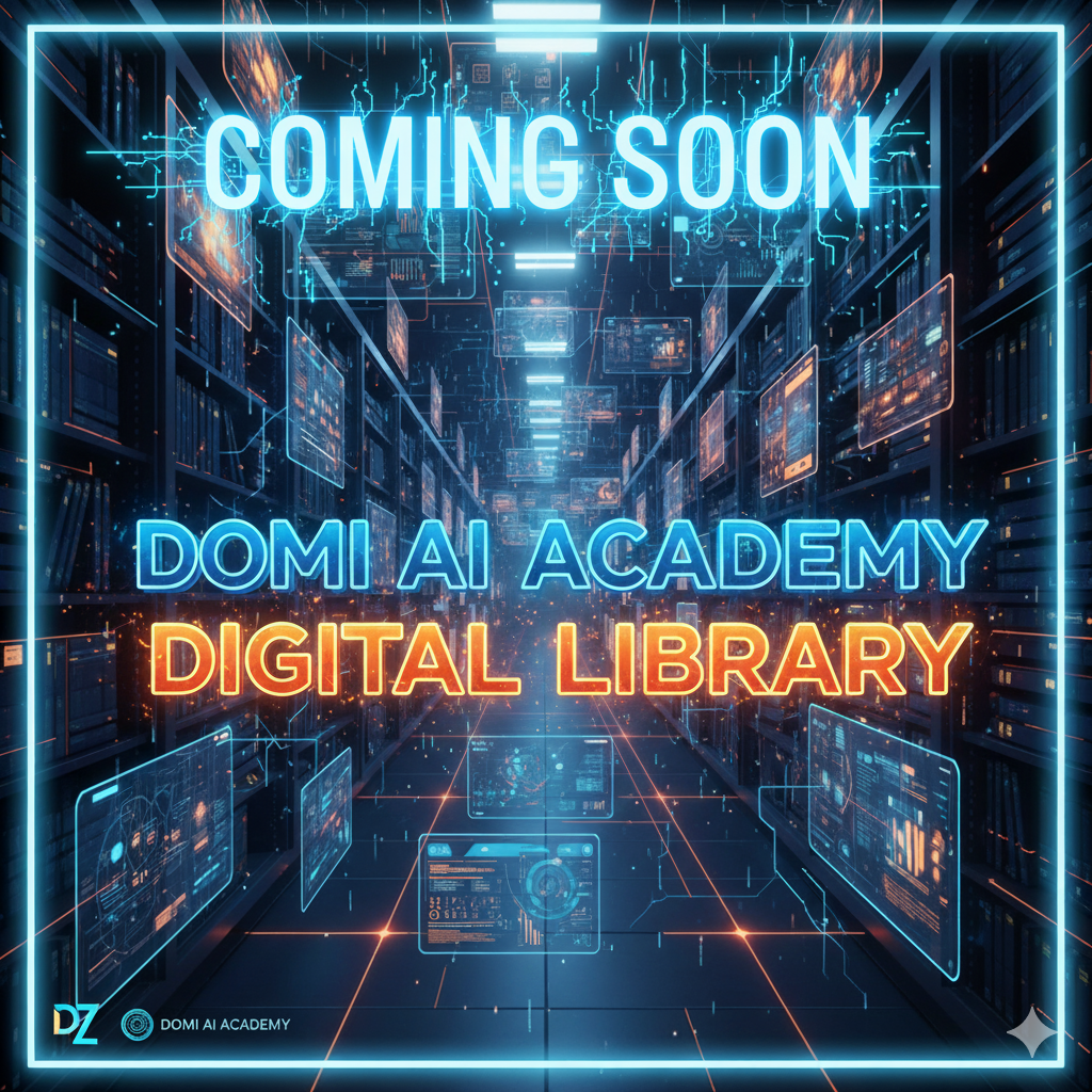 Futuristic digital library with glowing neon text that says "Coming Soon," "Domi AI Academy," and "Digital Library," featuring data graphics and holographic screens in a high-tech setting.