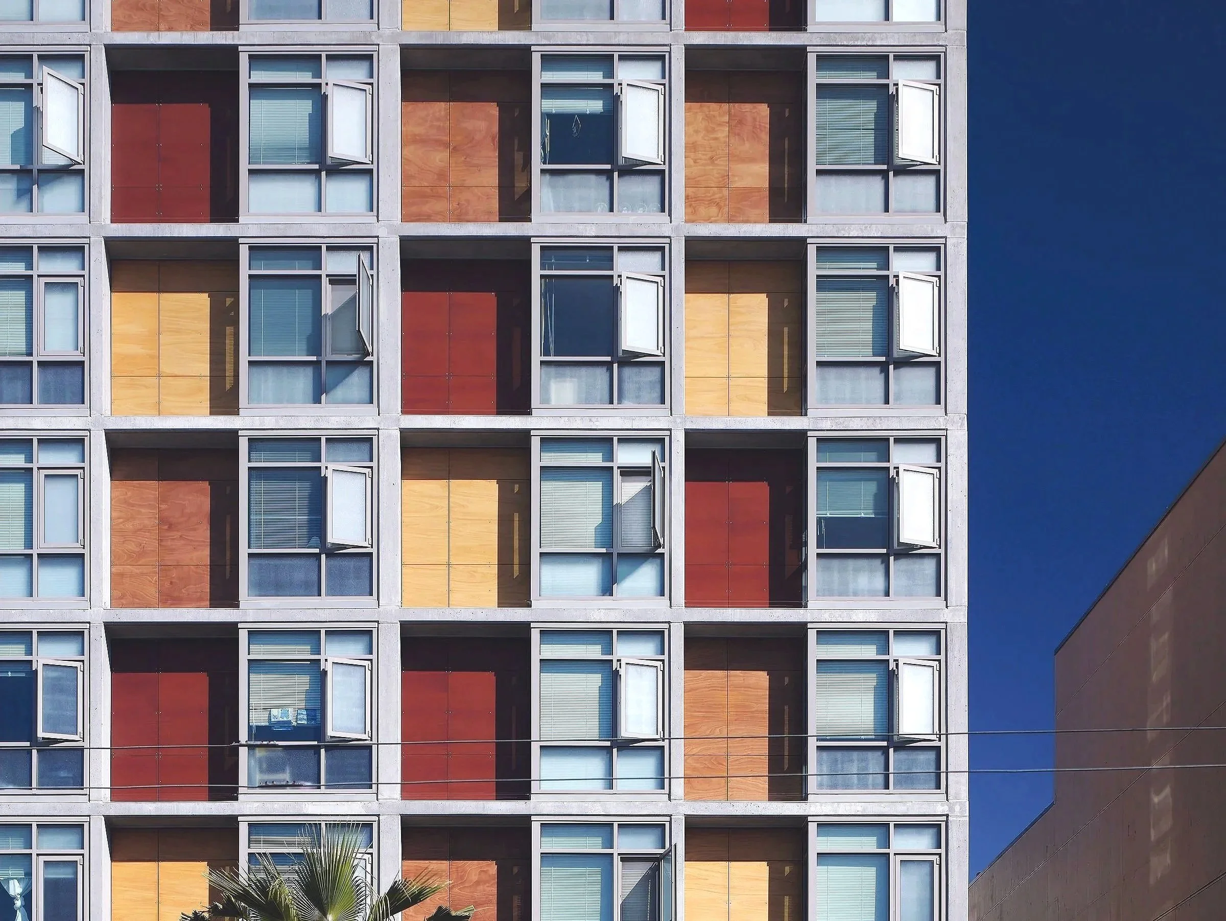 A multi-story modern apartment building with open and closed windows in a grid pattern against a blue sky. Some windows have blinds or curtains, and others are fully open or partially open. A palm tree is visible at the bottom of the image.