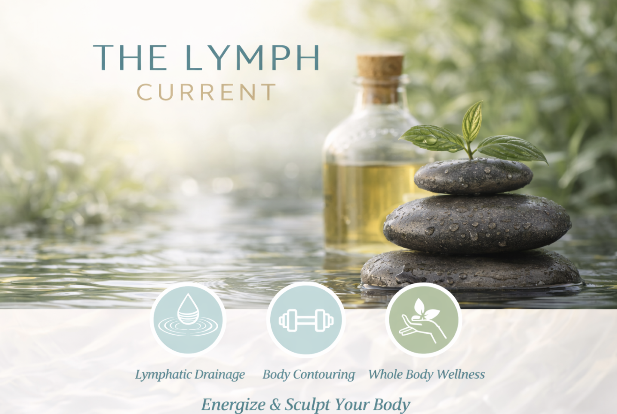 the lymph current offering lymphatic drainage, body contouring, and whole body wellness with a rock and oil in the background within a calming stream scene and greenery