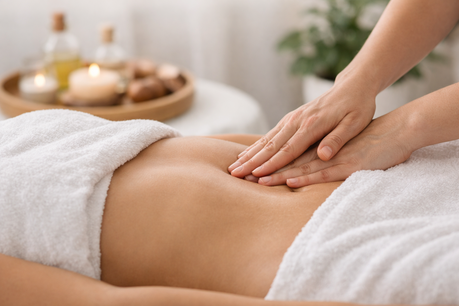 Abdominal manual lymph drainage (MLD) lymphatic massage for lymph flow support, bloating and fluid retention support, and gentle drainage technique, opening the lymph pathways in the abdomen with breathing technique, close up of abdomen and therapist