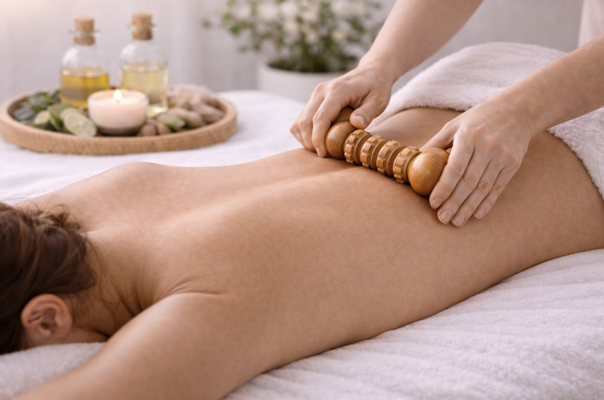 the lymph current business Wood therapy maderotherapy massage combined with lymphatic drainage (MLD-style) strokes on back for lymph flow support and fluid movement.