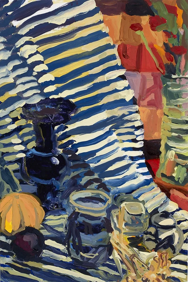   Gourd and Blue Pots on Striped Fabric  | 2022 | oil on panel 