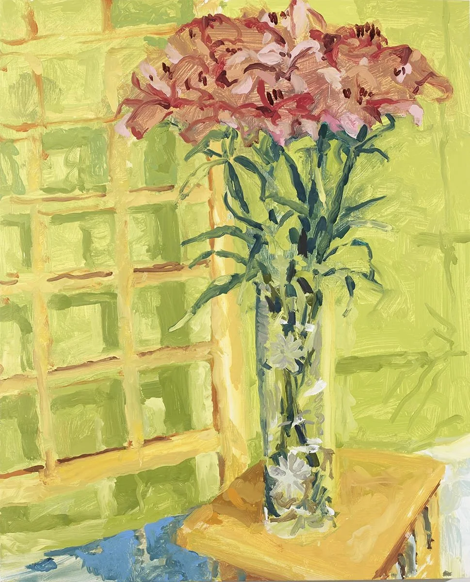   Pink Lilies on Lime Green  | 2018 | oil on panel | 32 × 26” 