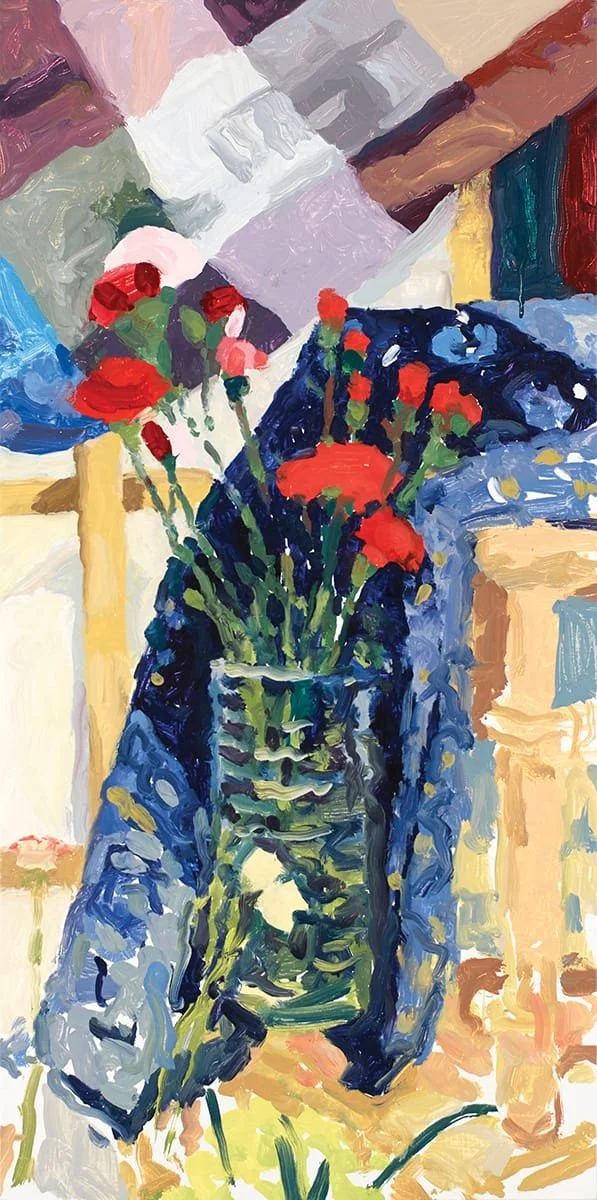   Red Carnations, Navy Scarf  | 2018 | oil on panel | 24 x 12” 