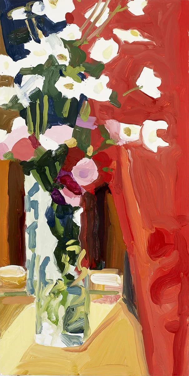   White Anemones on Red  | 2022 | oil on panel | 30 × 15” 