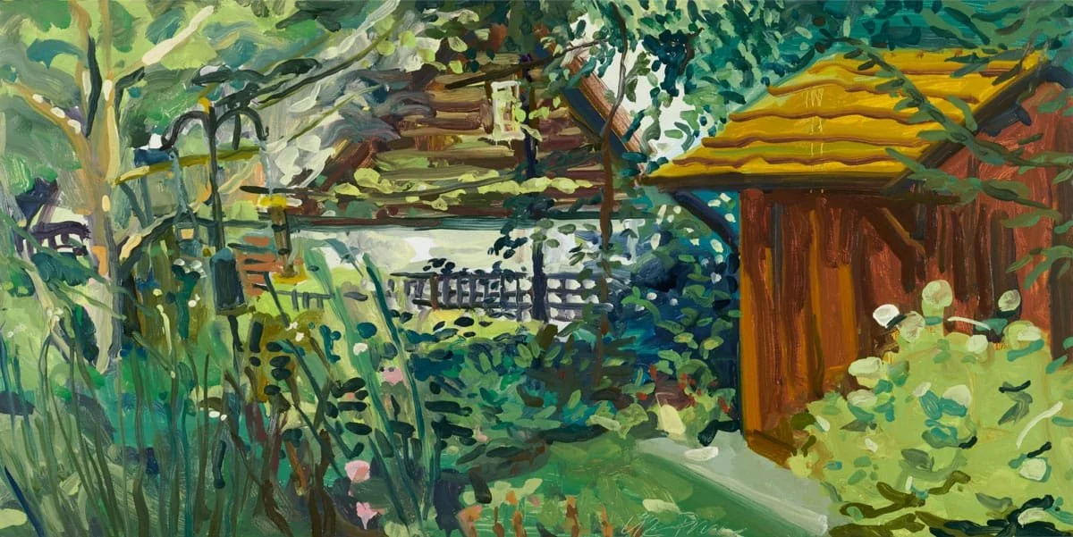   Back Yard - Garden Shed and Bird Feeder  | 2025 | oil on panel | 24" x 48"   