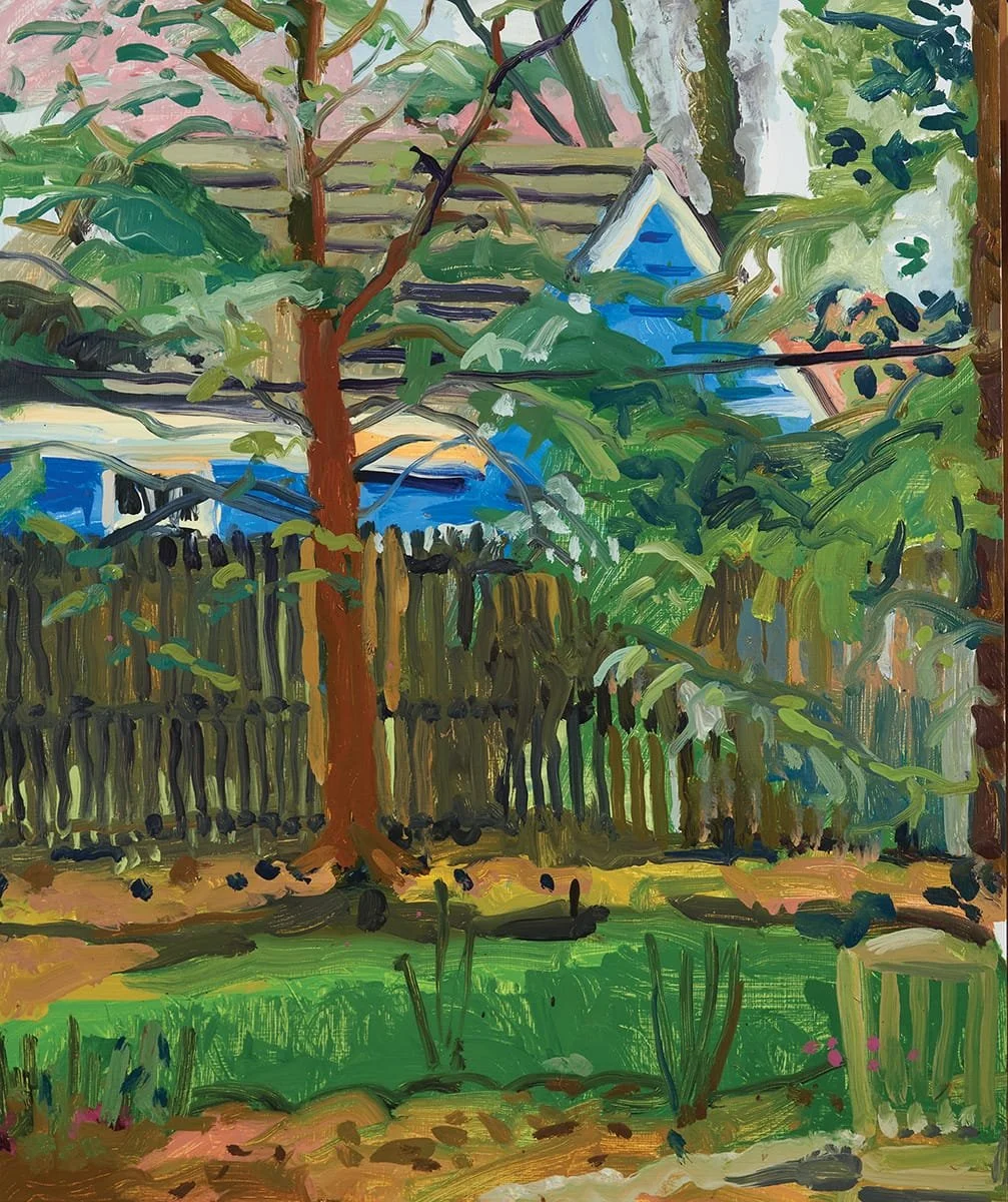   Fence with Blue Garage  | 2025 | oil on panel | 24 x 20” 