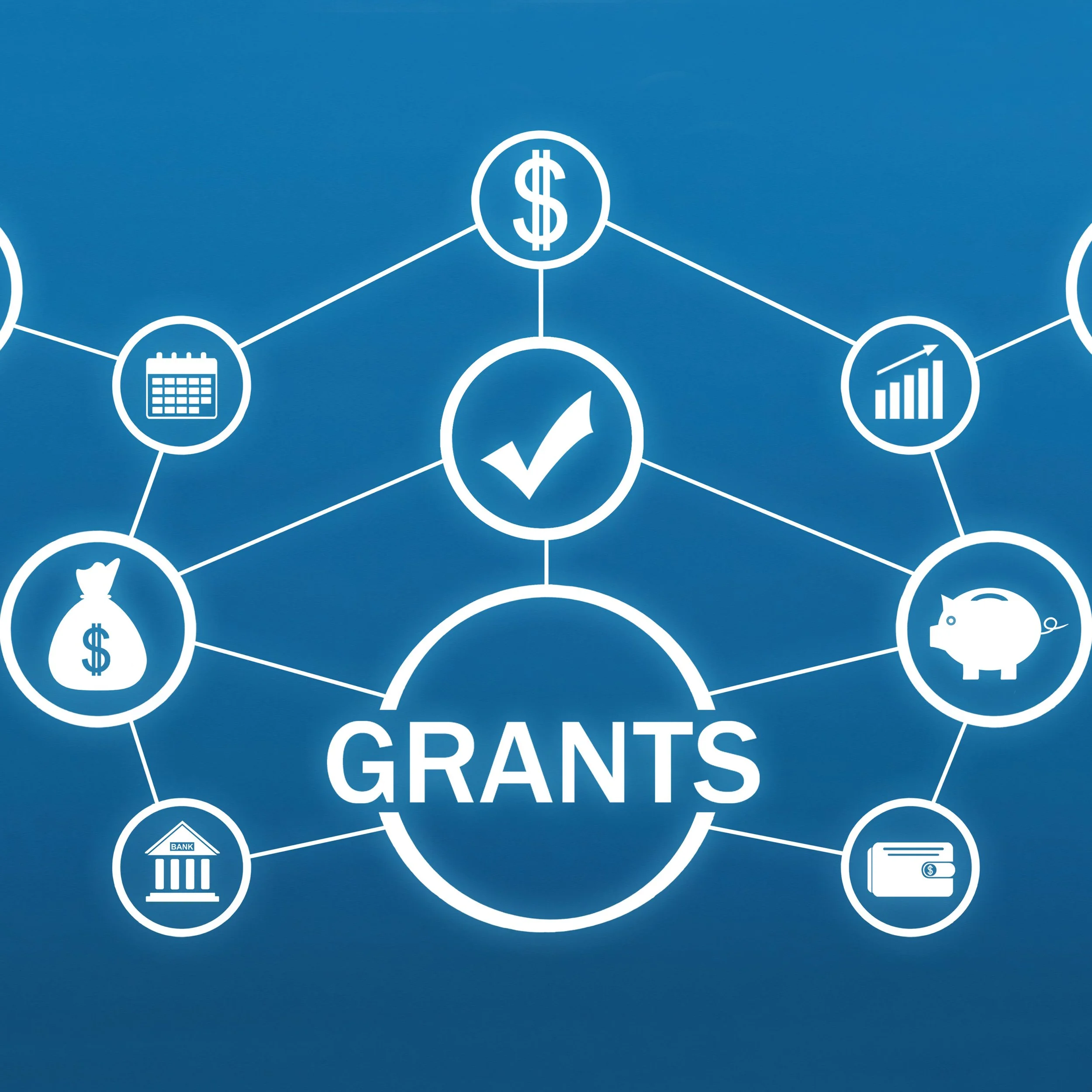 Graphic showing interconnected icons representing financial concepts such as grants, bank, calculator, checkmark, dollar sign, piggy bank, and dollar bills, with the word 'GRANTS' prominently displayed in the center.