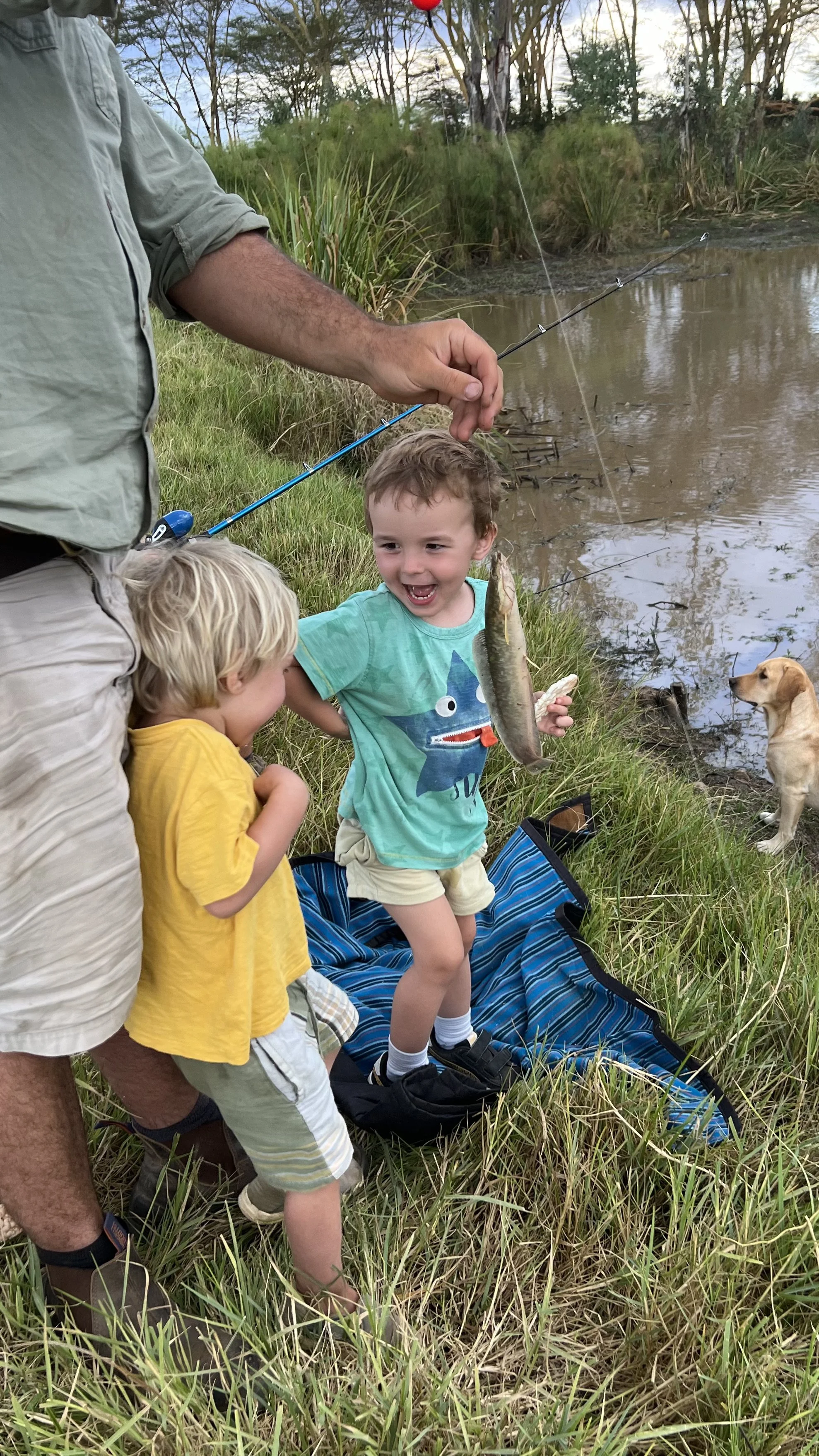 A young boy holding a fishing rod and a fish he caught, smiling with excitement, next to a younger child, with a dog nearby by a pond in a grassy area, during daytime.