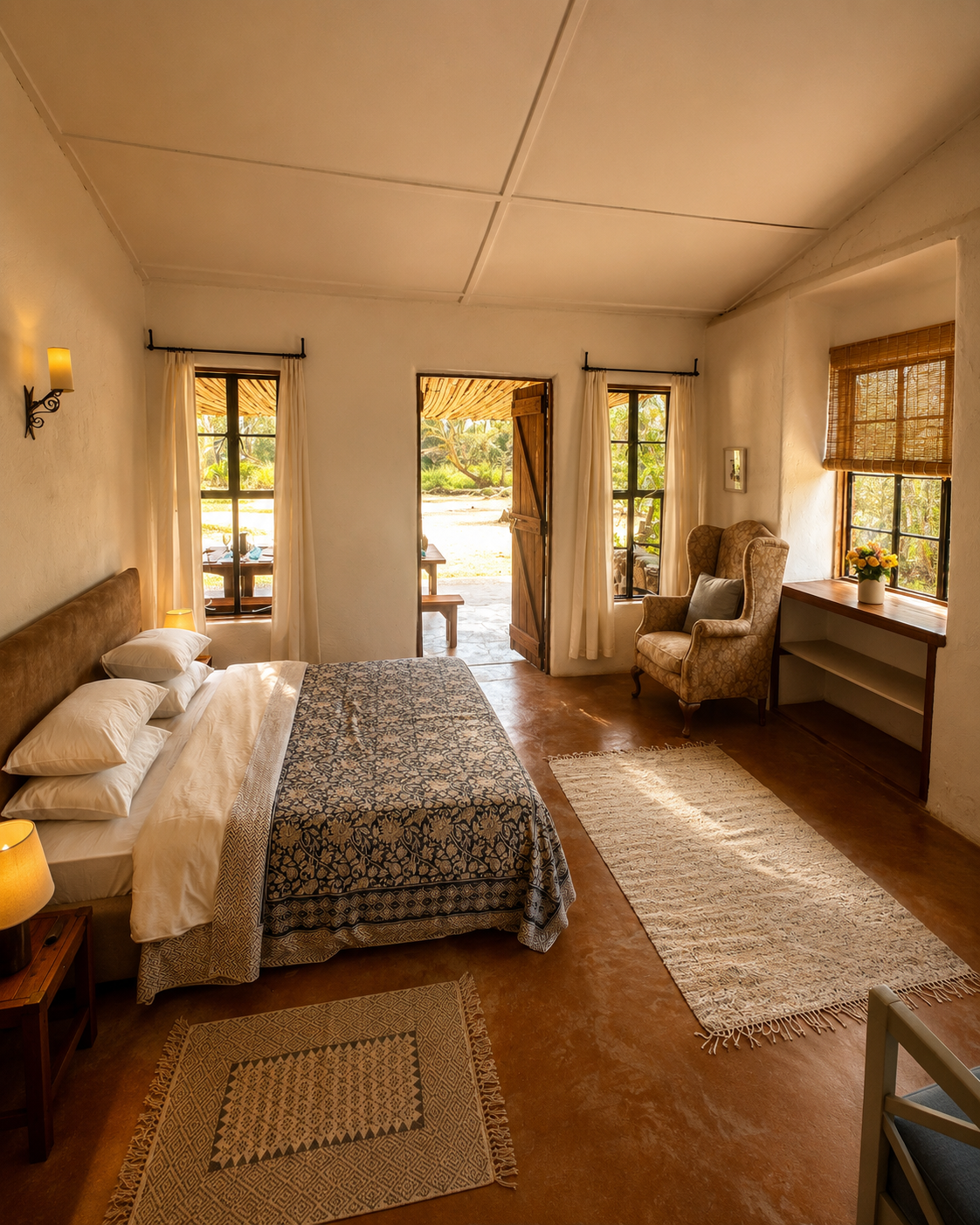 A cozy bedroom with a bed, armchair, rugs, and windows showing outdoor greenery.