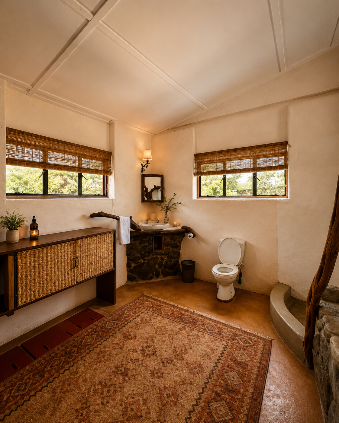 A rustic bathroom with beige textured walls, two horizontal windows with bamboo blinds, a wooden cabinet with woven drawer fronts, a small sink with a stone base, a toilet, a small potted plant, a wall lamp, and a patterned rug on the floor.