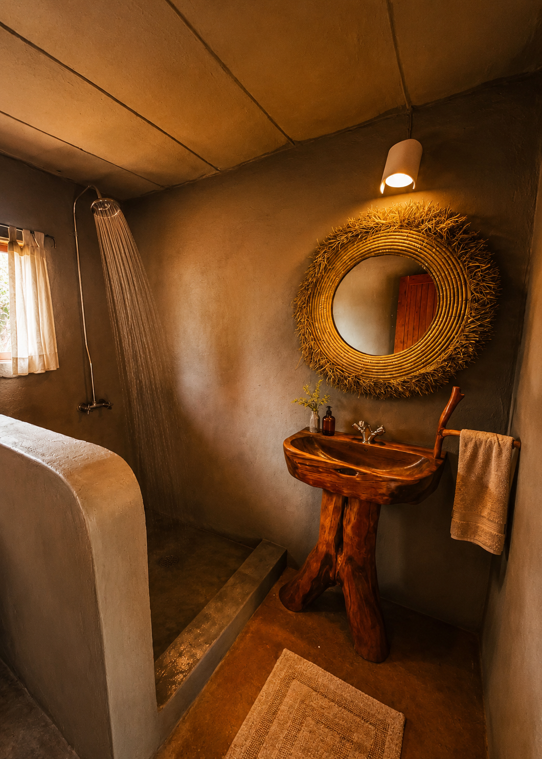 A rustic bathroom with a wooden sink, large round mirror framed with natural fibers, a towel on a wooden rack, and a shower area with rain shower head beside a small window with curtains.
