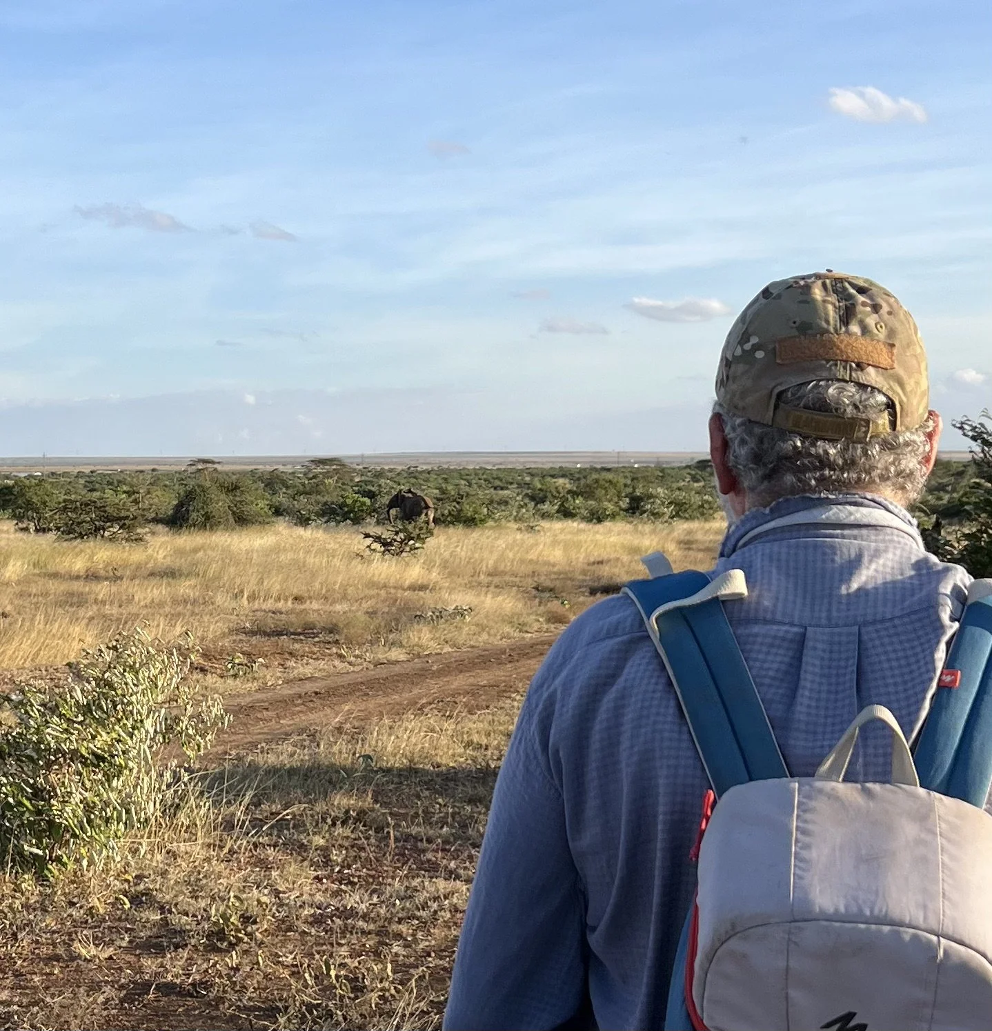 A man in a camouflage hat and blue shirt with a beige backpack stands on a dirt path in a savanna landscape, looking at a nearby elephant in the distance under a blue sky with scattered clouds.