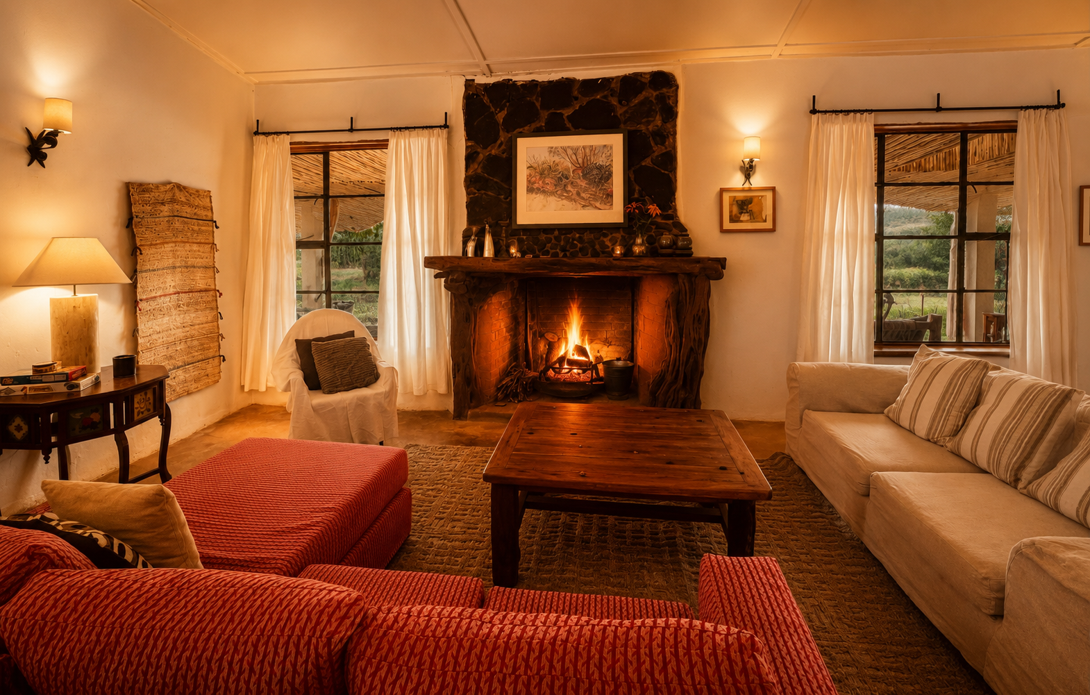 Cozy living room with a lit fireplace, beige sofa and armchair, red patterned ottoman, wooden coffee table, side table with lamp, paintings on white walls, and windows with white curtains showing an outdoor view.