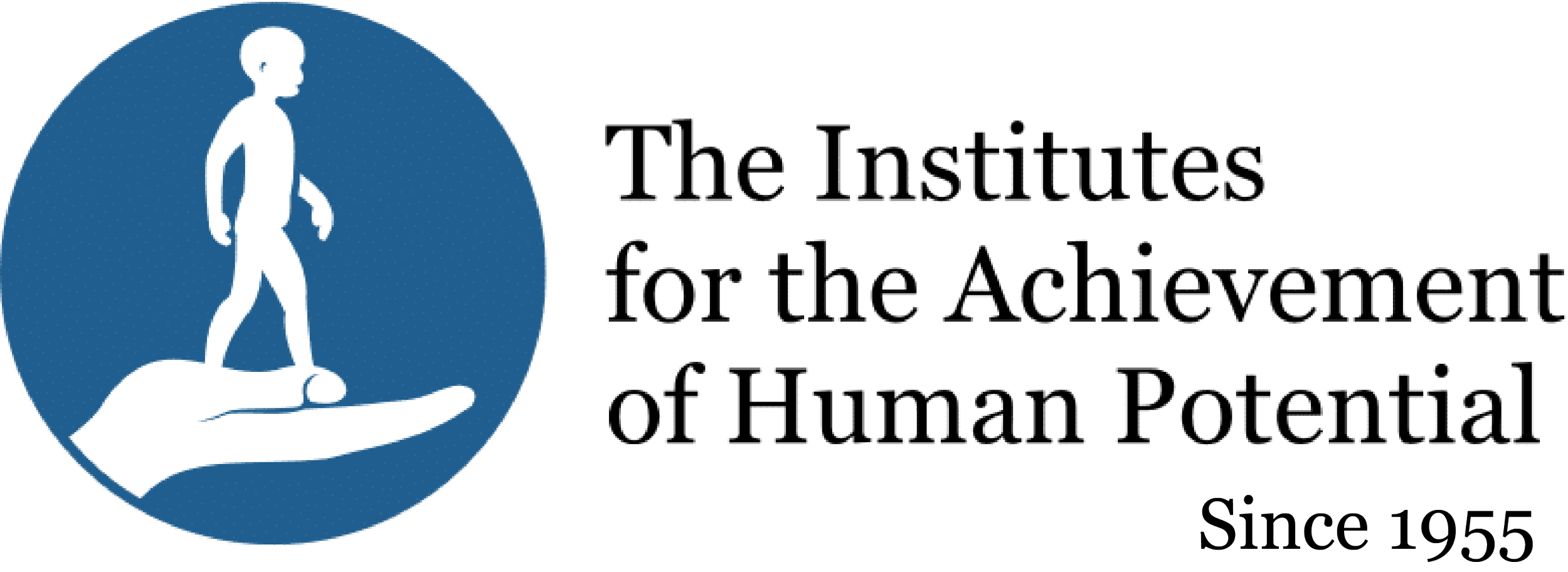 Logo of The Institutes for achievement of human potential, featuring a blue circle with a white silhouette of a standing child on a hand, and text stating "The Institutes for the Achievement of Human Potential Since 1955."