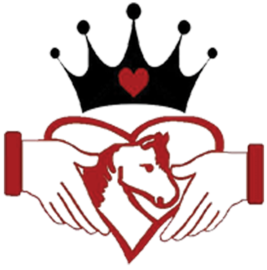 A black crown with a red heart in the center, positioned above a heart with a horse silhouette inside it, flanked by two hands forming a heart shape around the horse.