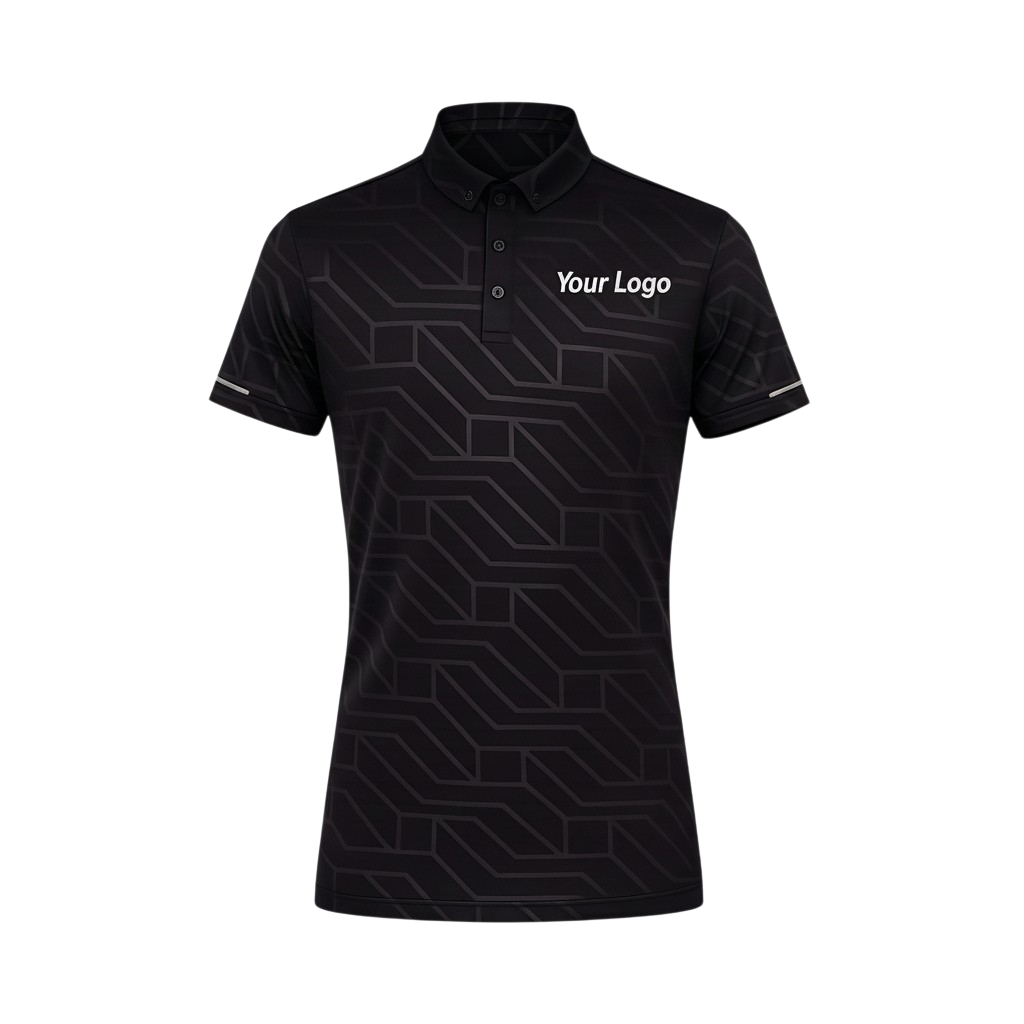 Black geometric pattern sublimated polyester polo shirt with space for a custom logo designed for premium sportswear corporate uniforms and branding.