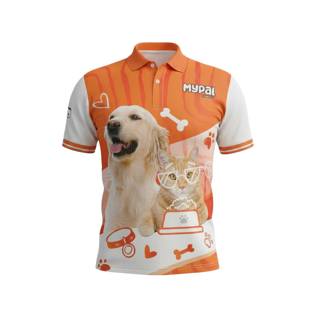 A short-sleeved polo shirt with a dog and cat theme, featuring a golden retriever and a tabby cat, dog bowl, bones, hearts, paw prints, and the word "Мурлай" on an orange and white background.