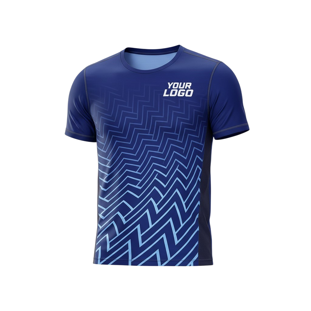 Blue gradient zigzag sublimated polyester T-shirt with space for a custom logo designed for sportswear performance wear and team apparel.