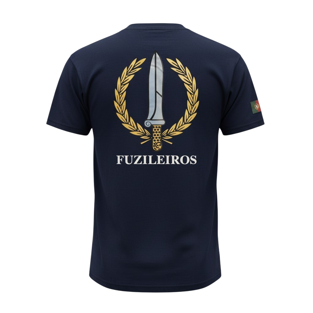 A navy blue T-shirt with a graphic design on the back featuring a dagger enclosed in a gold laurel wreath and the word "FUZILEIROS" below.