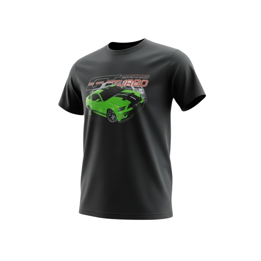 Mustang Turbo Screen-Printed Cotton Tee - Black

A classic black crewneck T-shirt made from soft, breathable cotton for everyday comfort. Features a bold, high-quality screen-printed graphic of a neon green Mustang Turbo for sharp detail and long-las
