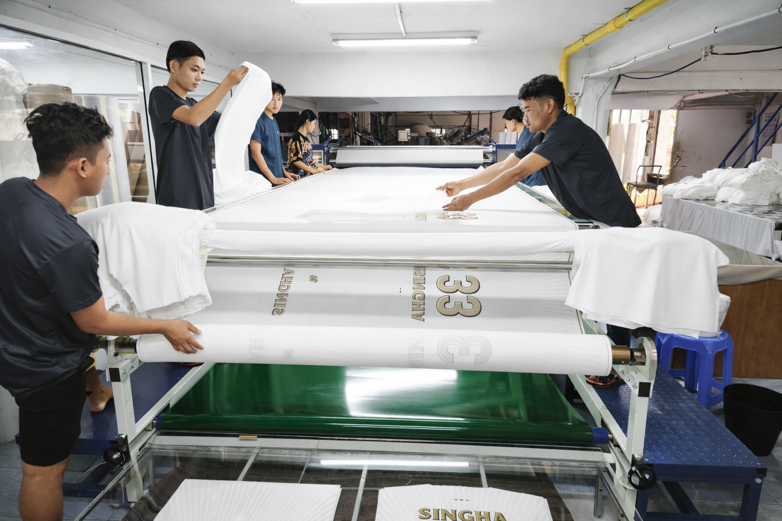 Workers loading sublimated polyester fabric onto an industrial heat press machine in an in-house manufacturing facility in Thailand, showing the heat transfer stage of the sublimation printing process