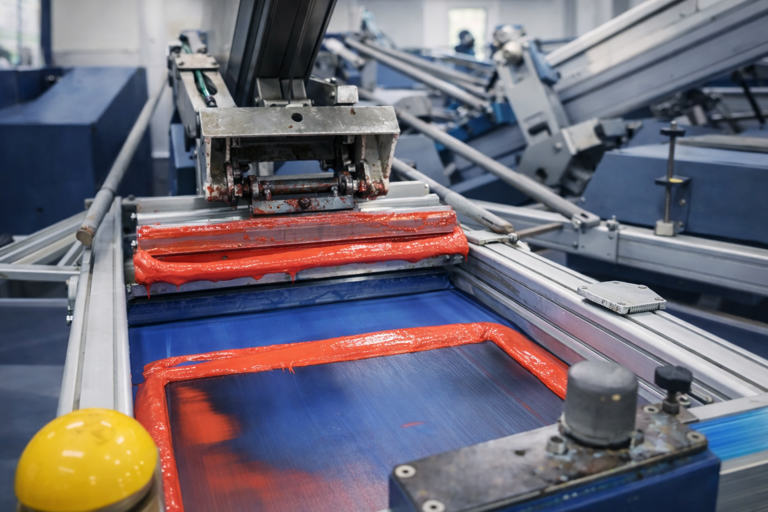 Industrial screen printing equipment used for rubber printing on garments in a controlled production environment.