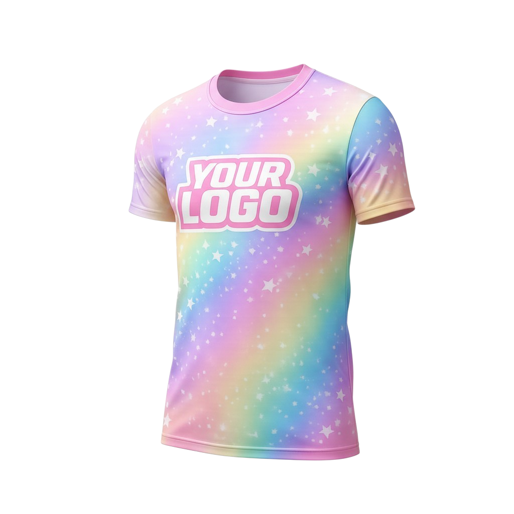 Pastel rainbow sublimated polyester T-shirt with scattered white stars and space for a custom logo designed for kidswear promotional apparel and custom merch.