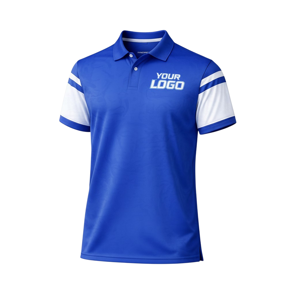 Royal blue sublimated polyester polo shirt with white sleeve panels and space for a custom logo designed for corporate uniforms sports teams and workwear.