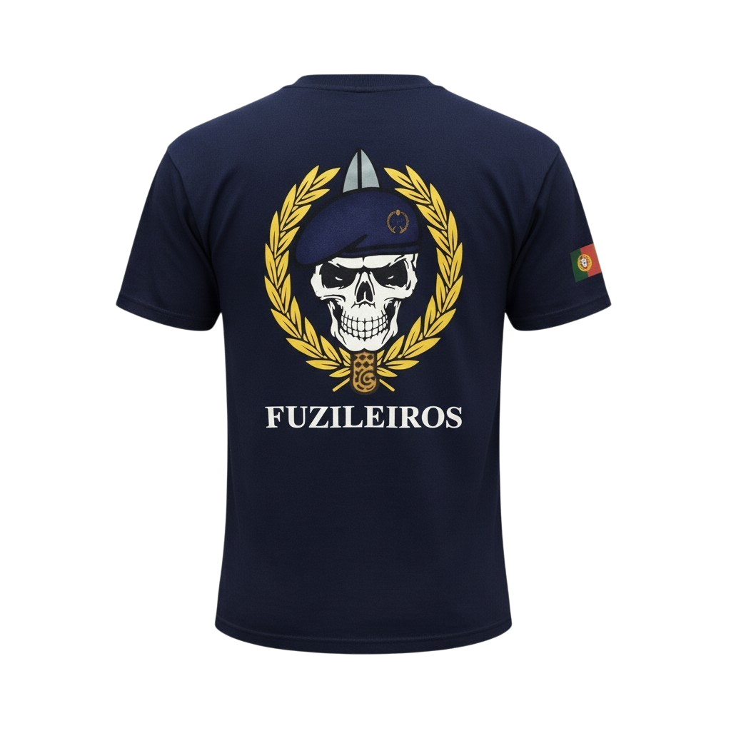 A navy blue T-shirt featuring a graphic of a skull wearing a military beret with laurel leaves around it, and the word "FUZILEIROS" below. On the sleeve, a small Portuguese flag is visible.