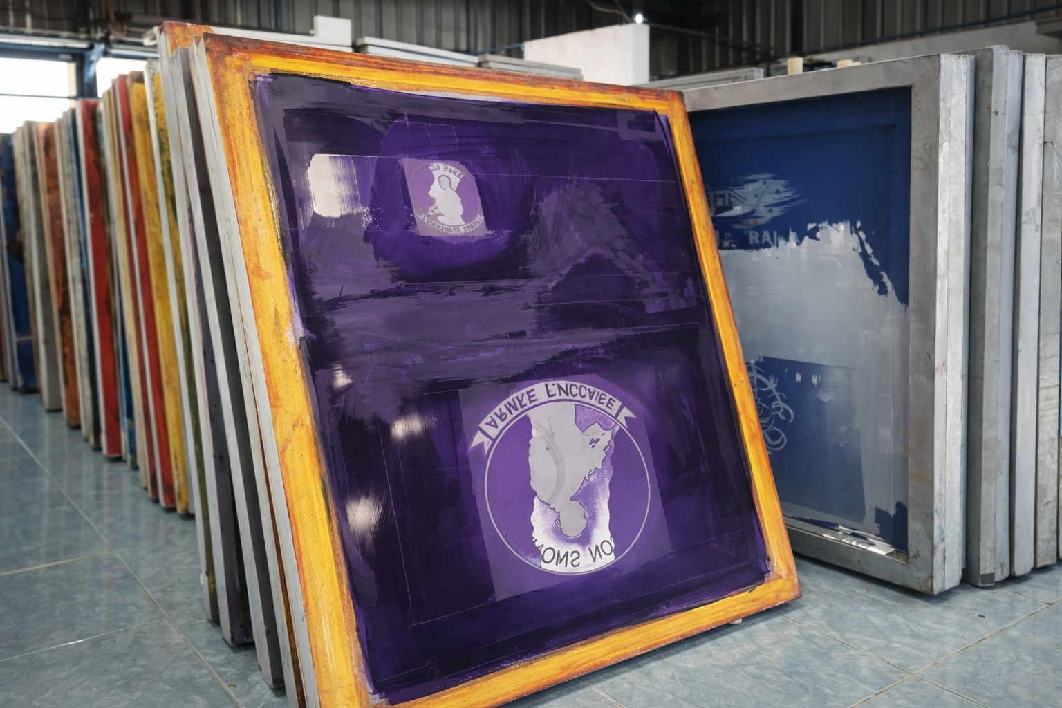 In-house rubber print and screen printing machinery designed for consistent, large-scale apparel production.