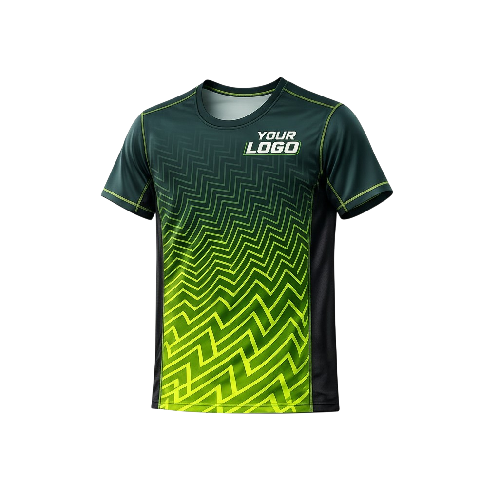 Dark green and neon green zigzag sublimated polyester T-shirt with contrast piping and space for a custom logo designed for activewear teams and promotional uniforms.
