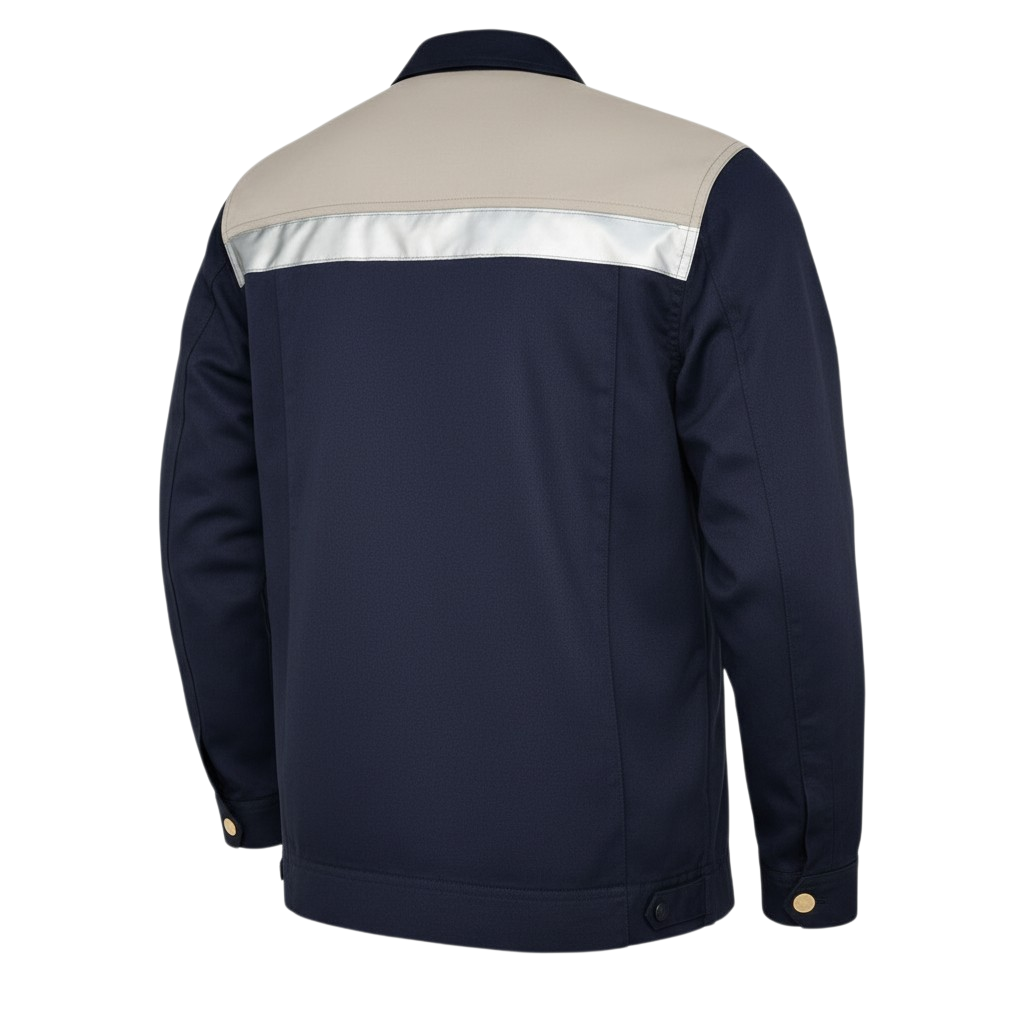 Frontline Hi-Vis Security Jacket - Navy/Beige - Back

A structured long-sleeve security jacket built for durability, visibility, and professional presence. Tough woven fabric stands up to daily wear, while reflective hi-vis strips across the chest an