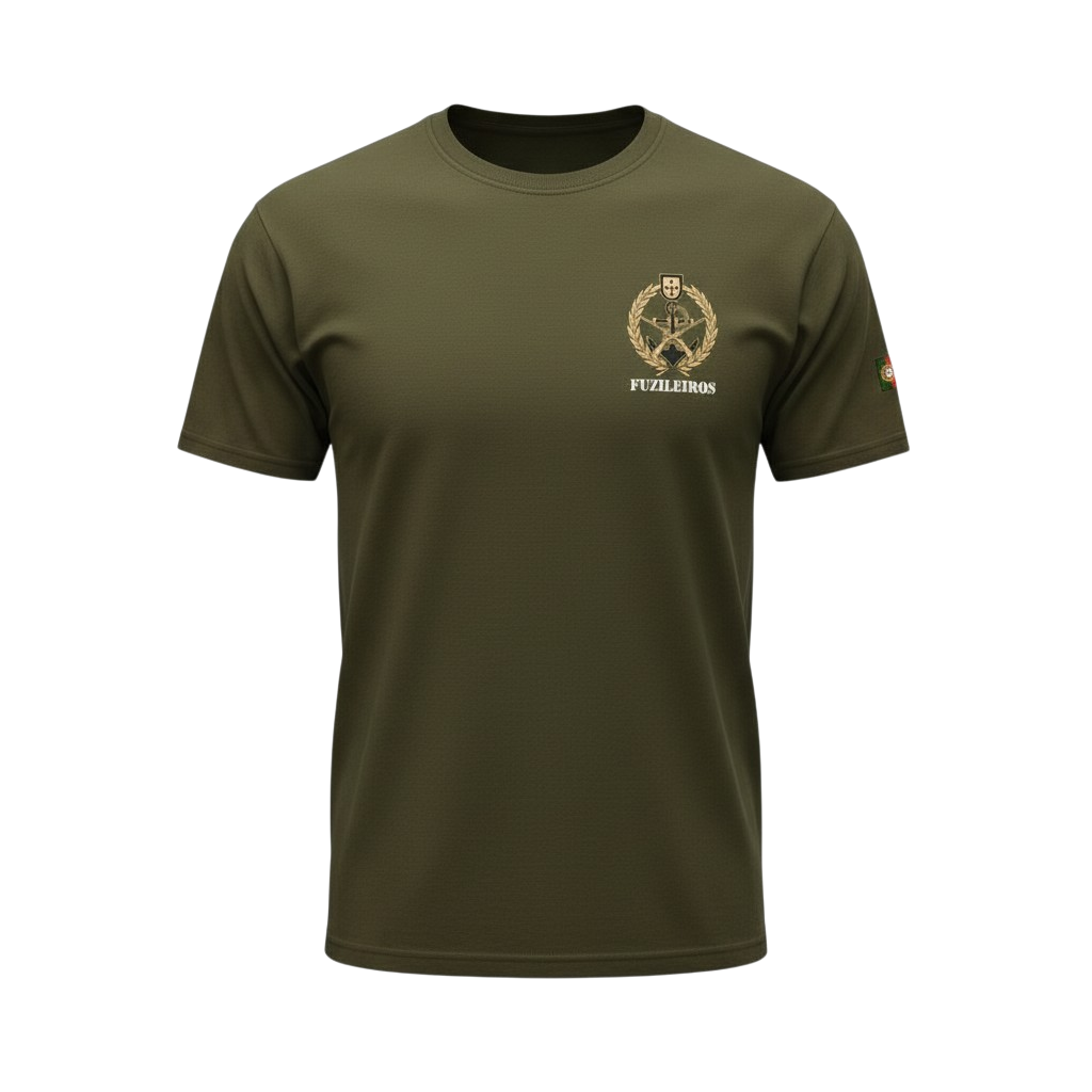 Olive green military-style T-shirt with a crest and the word 'Fuzileiros' on the chest, a Portuguese flag on the sleeve, and a black collar.