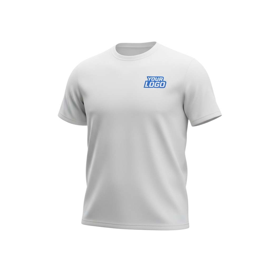 Plain white sublimated polyester T-shirt with space for a custom logo designed for branding printing and promotional apparel.