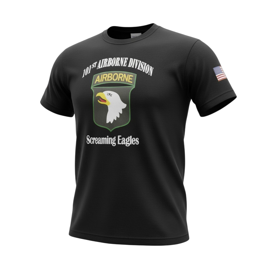 101st Airborne Graphic Cotton Tee - Black

A classic black crewneck T-shirt made from soft, breathable cotton for all-day comfort. Features a bold, high-quality screen-printed 101st Airborne “Screaming Eagles” graphic on the chest, plus a small Ameri