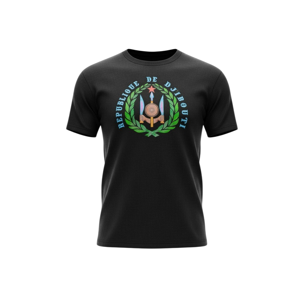 République de Djibouti Screen-Printed Cotton Tee — Black

A classic black crewneck T-shirt made from soft, breathable cotton for everyday comfort. Features a bold, high-quality screen-printed République de Djibouti emblem on the chest for a sharp, du