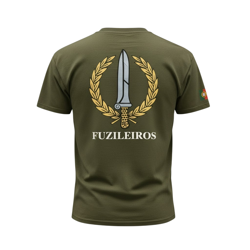 Olive green T-shirt with a graphic of a dagger surrounded by a gold laurel wreath and the word 'FUZILEIROS' written underneath.