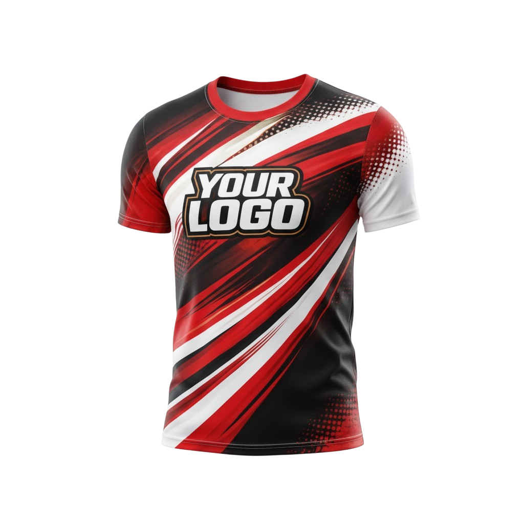 Red black and white diagonal stripe sublimated polyester T-shirt with space for a custom logo designed for sportswear streetwear and team kits.