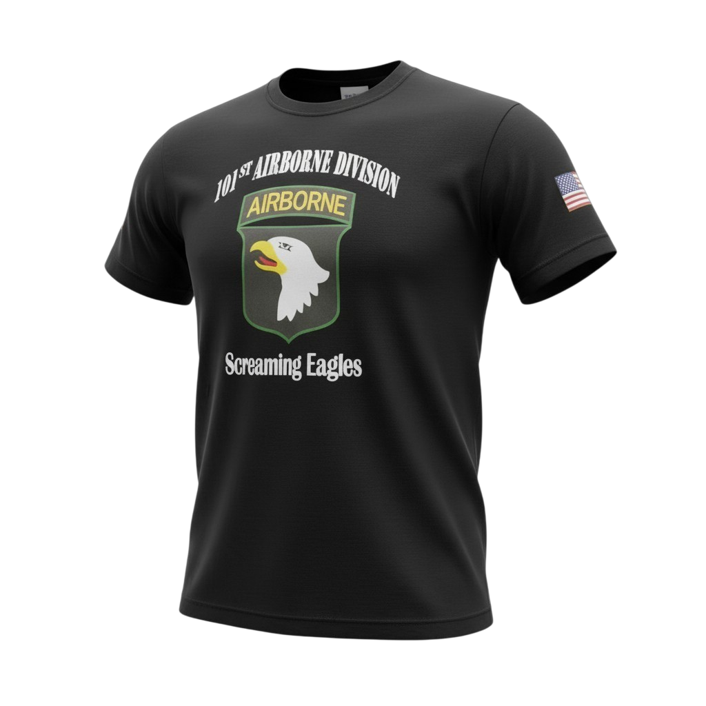 101st Airborne Screen-Printed Cotton Tee — Black

A classic black crewneck T-shirt crafted from soft, breathable cotton for all-day comfort. Features a bold, high-quality screen-printed 101st Airborne “Screaming Eagles” insignia on the chest for a cr