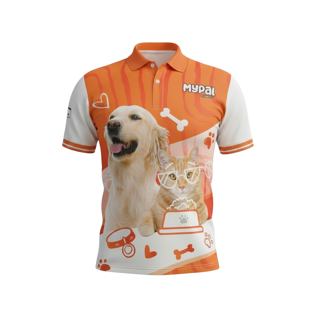 A colorful polo shirt featuring images of a dog and a cat, with dog bowl, bones, paw prints, and pet-related icons, designed for animal lovers.