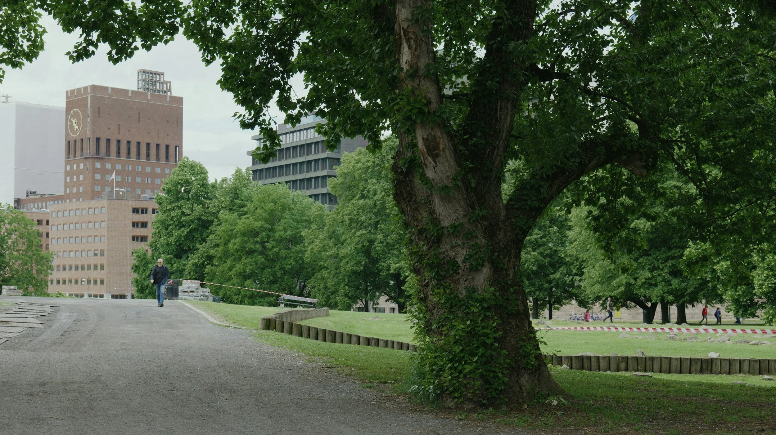 En park med store grønne trær og en vei, med noen personer i bakgrunnen. Bygninger i byen er synlige i bakgrunnen.
