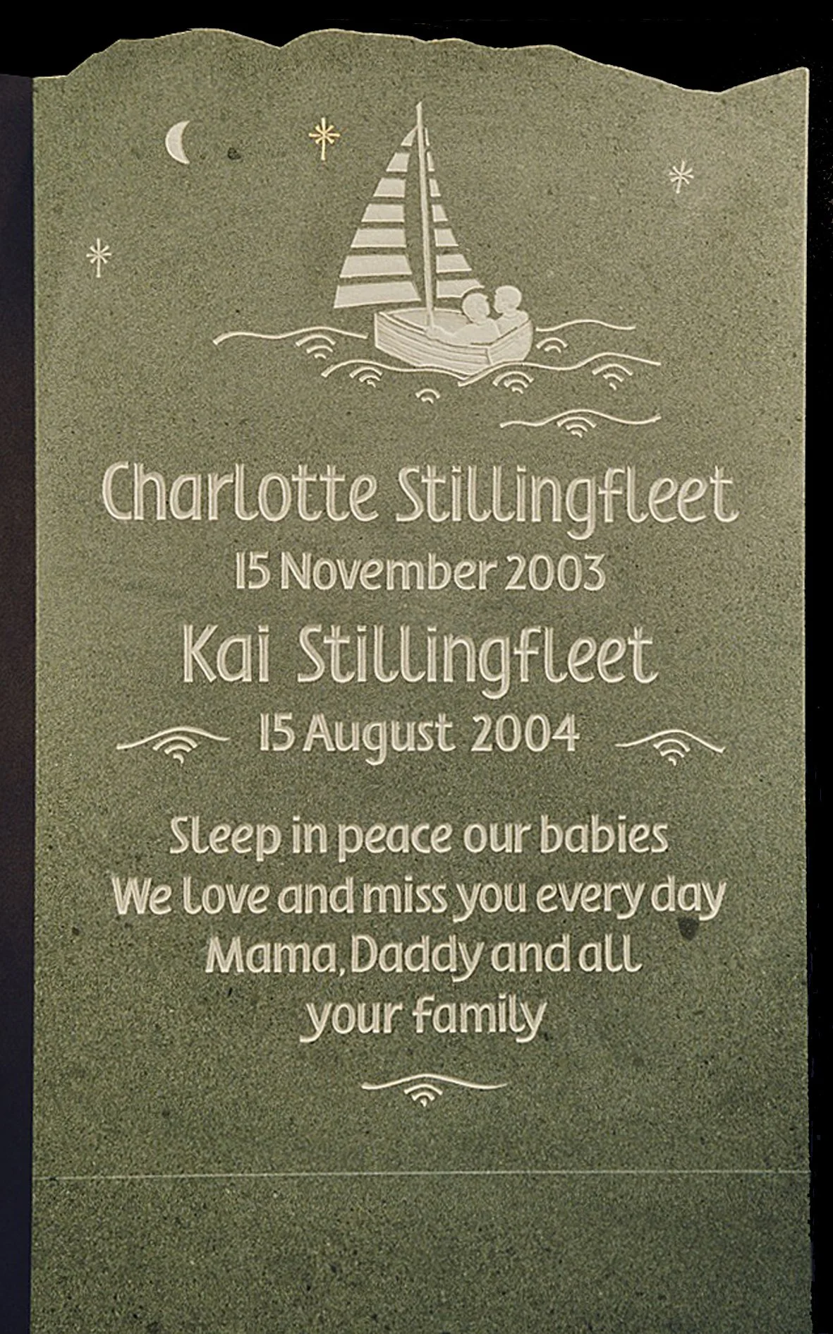 Broughton Moor green slate, the top refers to the mountain range at the mother's home.