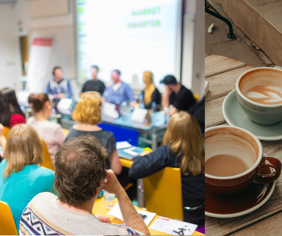 De afbeelding toont een groep mensen die deelnemen aan een paneldiscussie of vergadering, terwijl er ook twee kopjes koffie op een houten tafel staan.